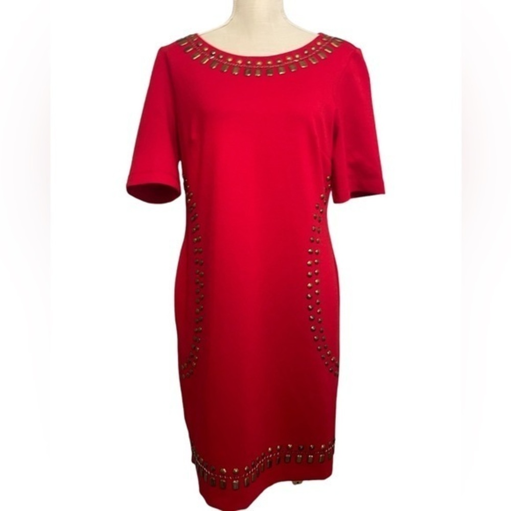 Vintage Designer 90’s Mod Ice Red Bronze Studdded Sleeved Sheath Dress size 14